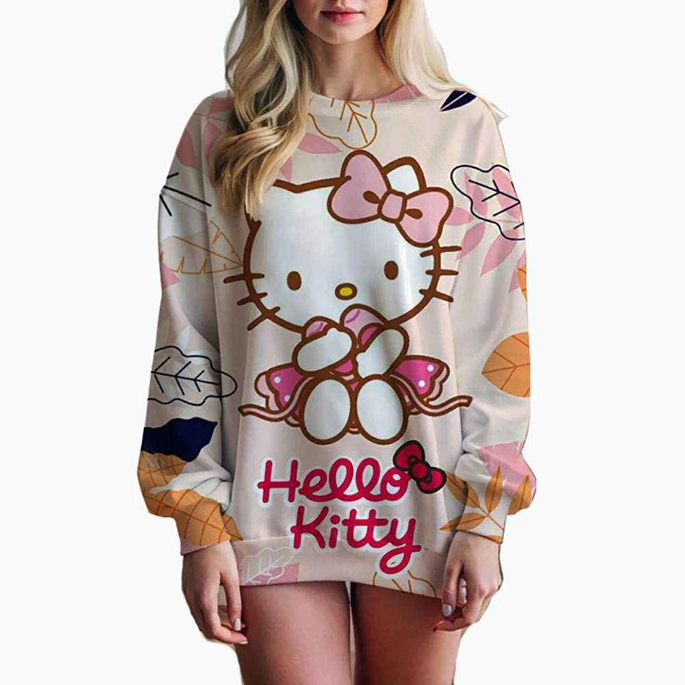 Hello Kitty Cartoon Anime Women Pullover Spring Autumn Men Round Neck Hoodie Clothes 2024 New Fashion Couple Sweatshirt Tops