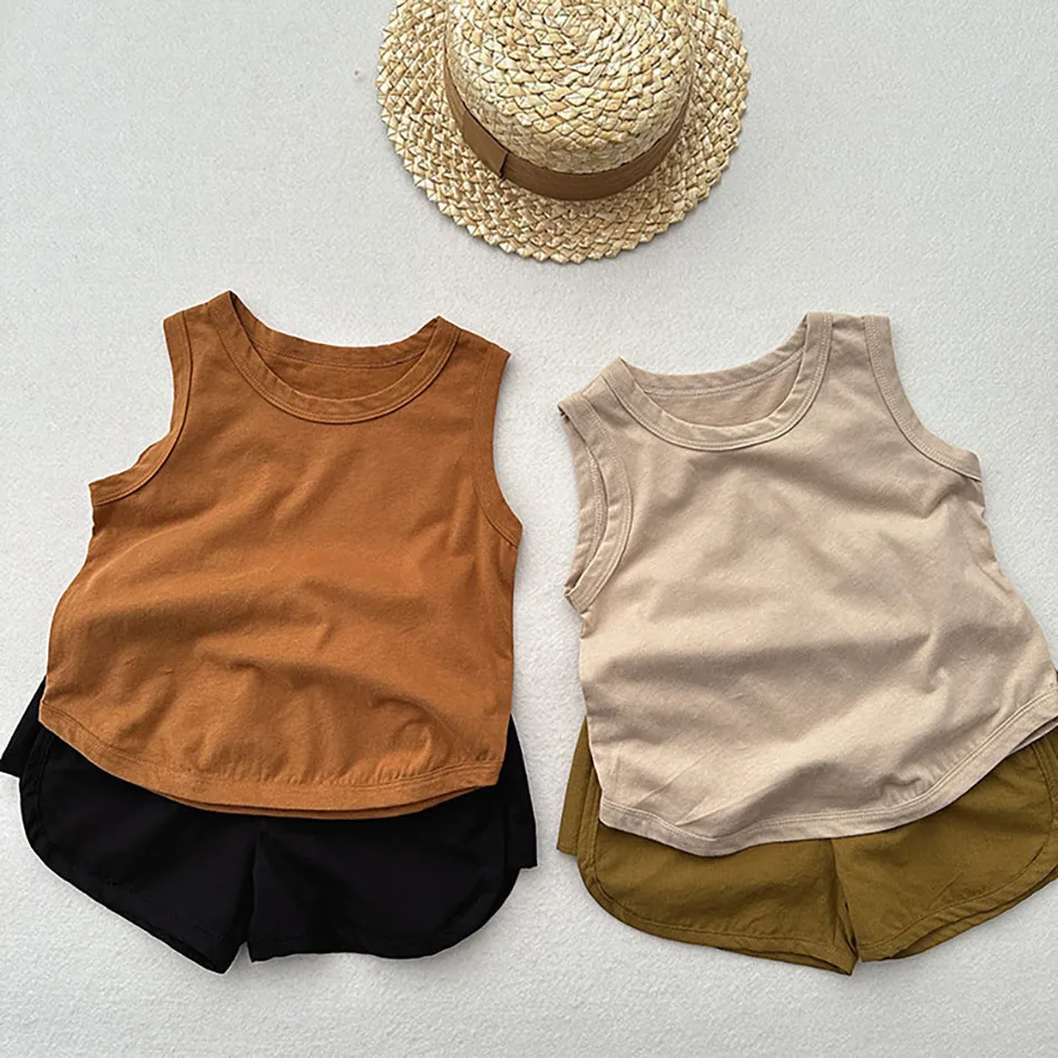 Boys Girls Fashion Casual Versatile Solid Color Cotton Thin Tank Top Summer Children Sleeveless Top Children Home Clothing