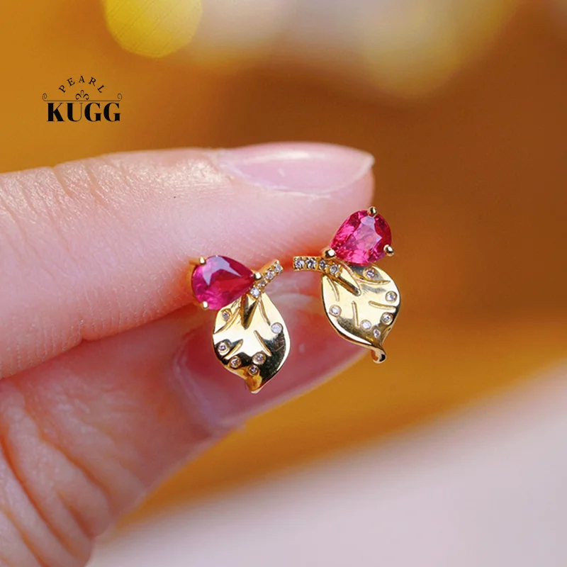 

KUGG 100% 18K Yellow Gold Earrings Elegant Leaf Design INS Style Real Natural Ruby Stud Earring for Women High Party Jewelry