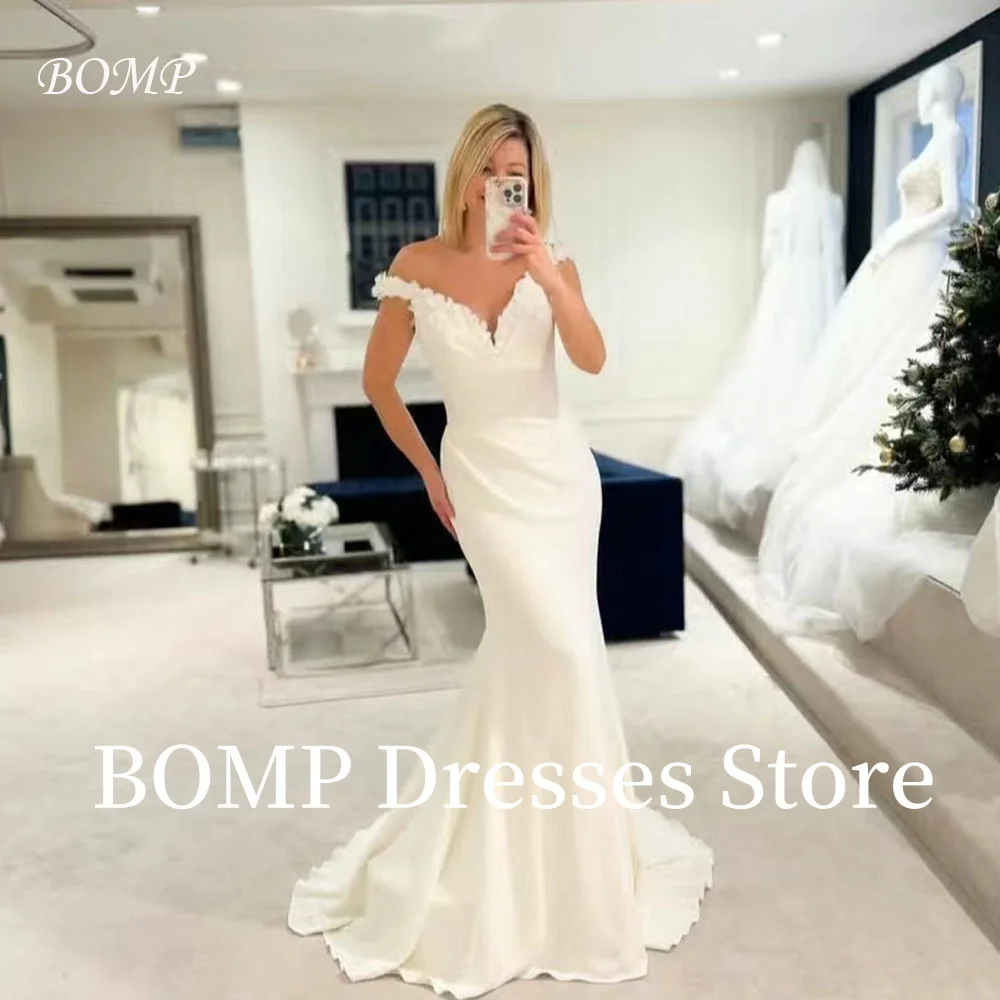 

BOMP Elegant Mermaid Wedding Party Dresses Off the Shoulder Flowers Floor Length Sweep Train Evening Bridal Gown Customized