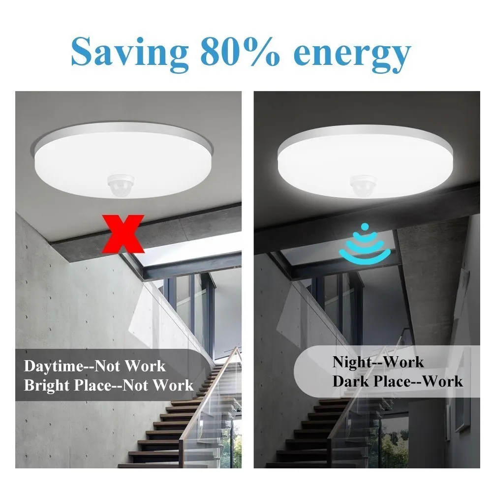 Plafonnier LED avec détecteur de mouvement PIR, design moderne, éclairage d\'intérieur, luminaire de plafond, idéal pour un couloir, un balcon ou une