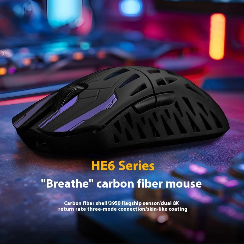 IROK HE6 Ultra Mouse Tri Mode Mouse Paw3950 Wireless 8000Hz Mouse da gioco leggeri in fibra di carbonio per Valorant CS2 Accessorio per PC