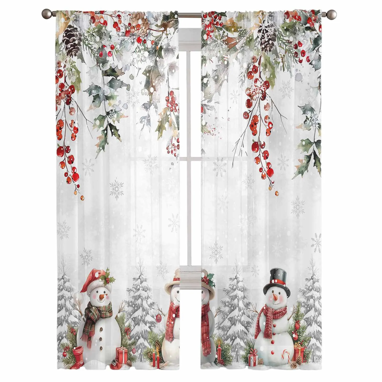 Christmas Pine Berry Eucalyptus Leaf Snowman Sheer Curtains For Living Room Window Transparent Voile Tulle Cortinas Drapes Home