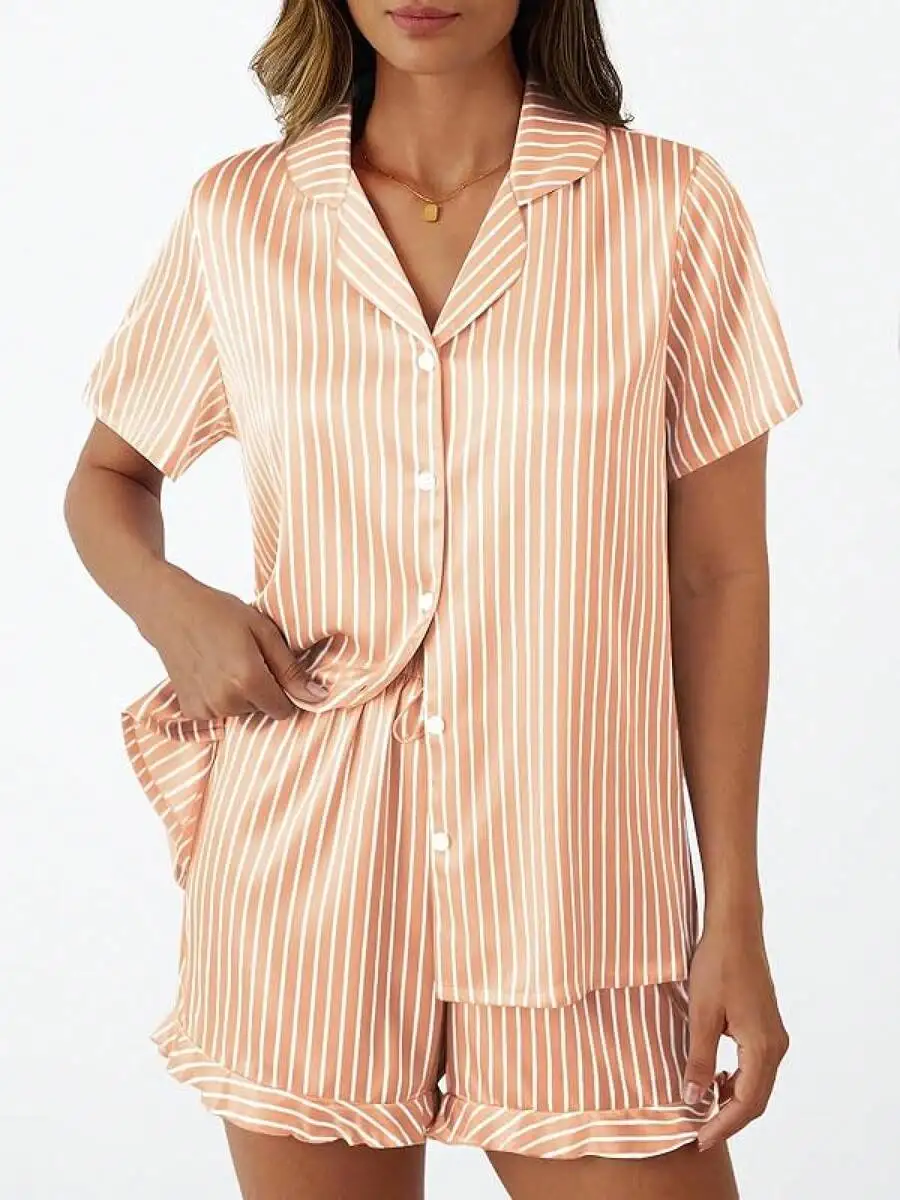 Womens Satin Striped Button Down Pajama Set Short Sleeve Top And Shorts