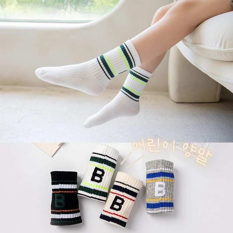 Fashion Korean  Kids Boy Sock School Simplicity Calf Sock for Children Boy Four Season Cotton Letter B Sports Socks