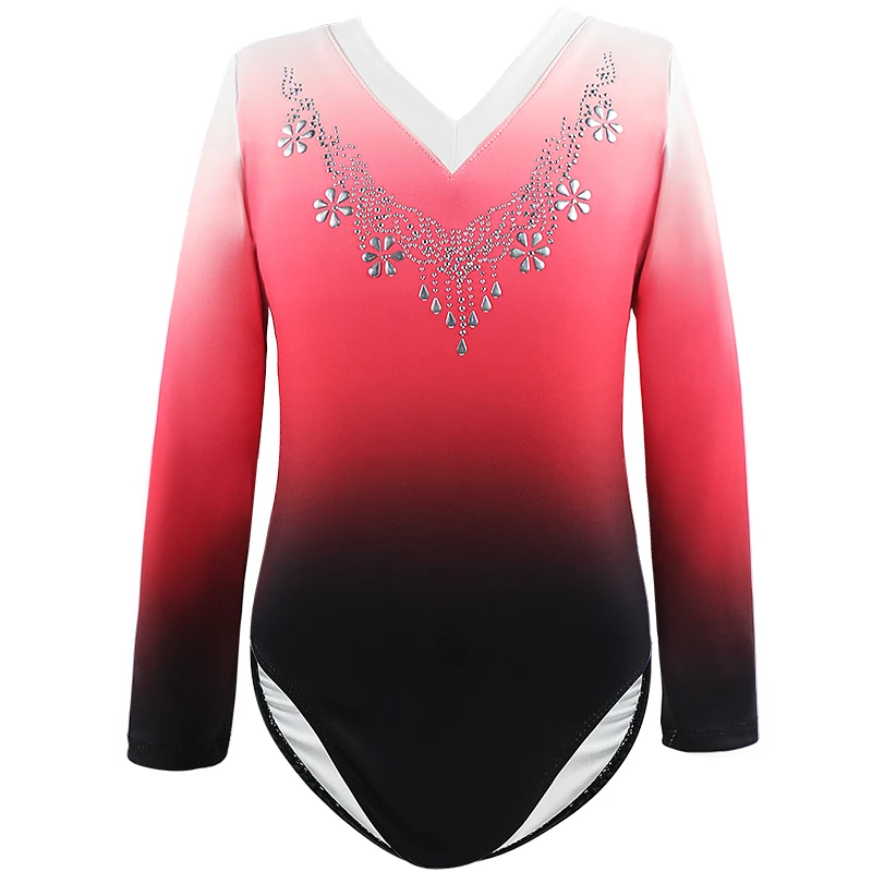 บัลเล่ต์ Leotard สำหรับเด็กเล็กเด็กผู้หญิงแขนยาว Diamante ยิมนาสติกชุดบอดี้สูทแนบเนื้อชุดว่ายน้ำโพลีเอสเตอร์