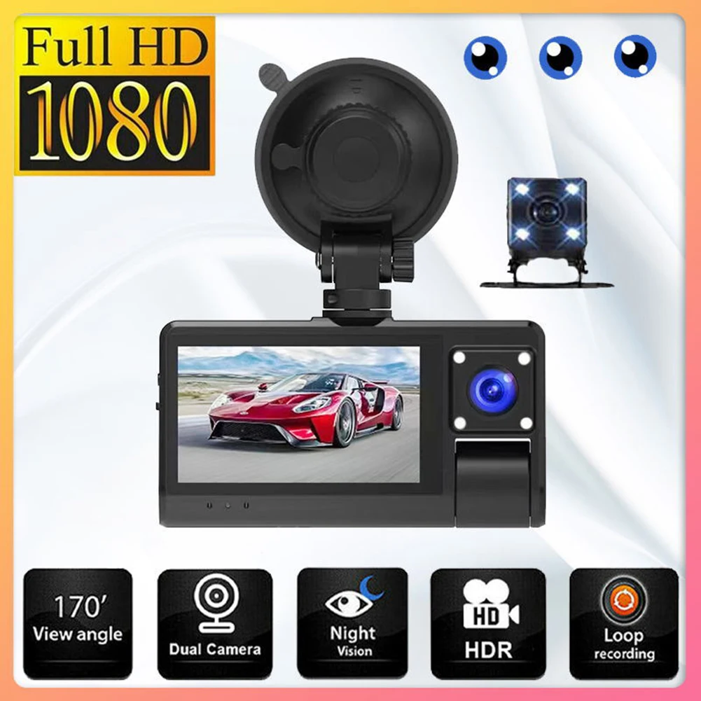 

3 Channel Dash Cam 1080p HD Driving Recorder with Backup Camera Night Vision Loop Recording Motion Detection 3 inch WiFi Car DVR