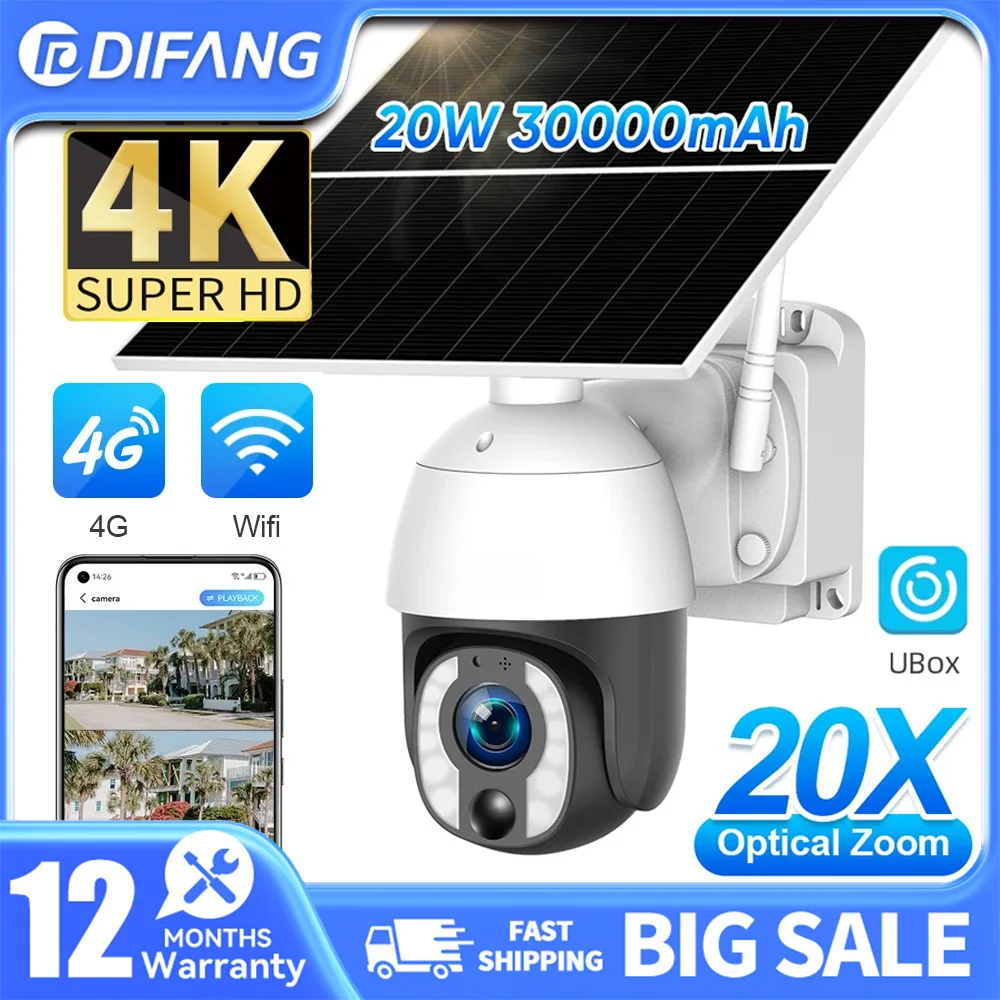 DIFANG 4K 20X Optical Zoom 8MP 20W Solar Camera 4G 24 Hours Recording Auto Tracking 30000mAh  Battery Cameras WiFi Solar IP CCTV