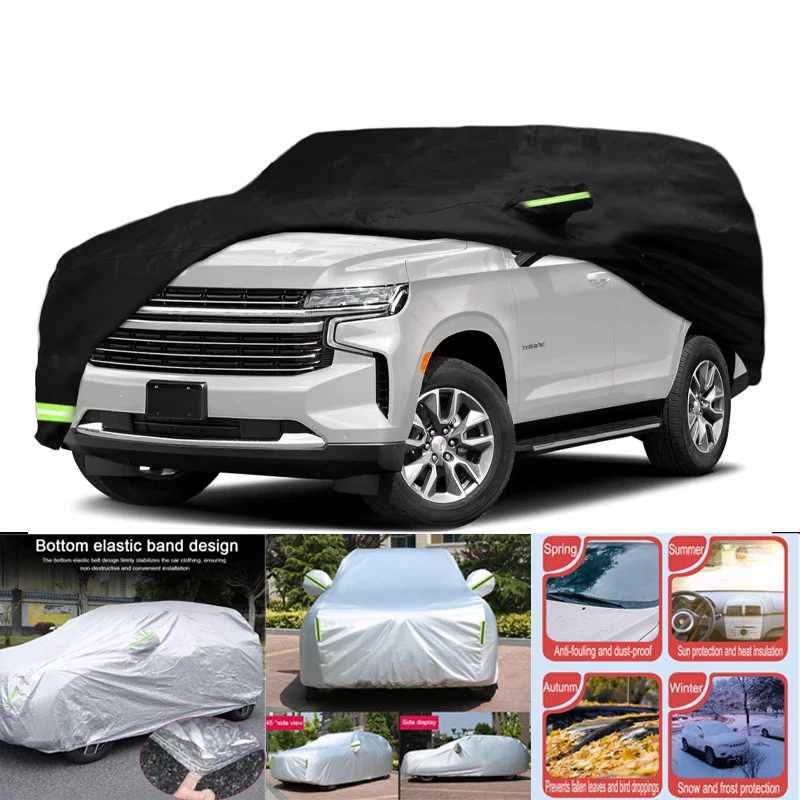 Outdoor Car Cover Custom Fit for Chevrolet Tahoe/Cadillac Escalade Dustproof Waterproof and Hailproof With Windproof Strap Black