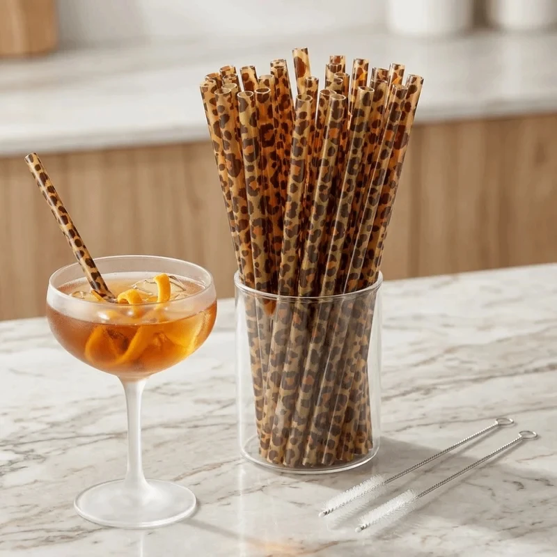 5pcs/10pcsLeopard print straw with cleaning brush，Fashionable animal print reusable straw，Durable and easy-to-clean party drinki
