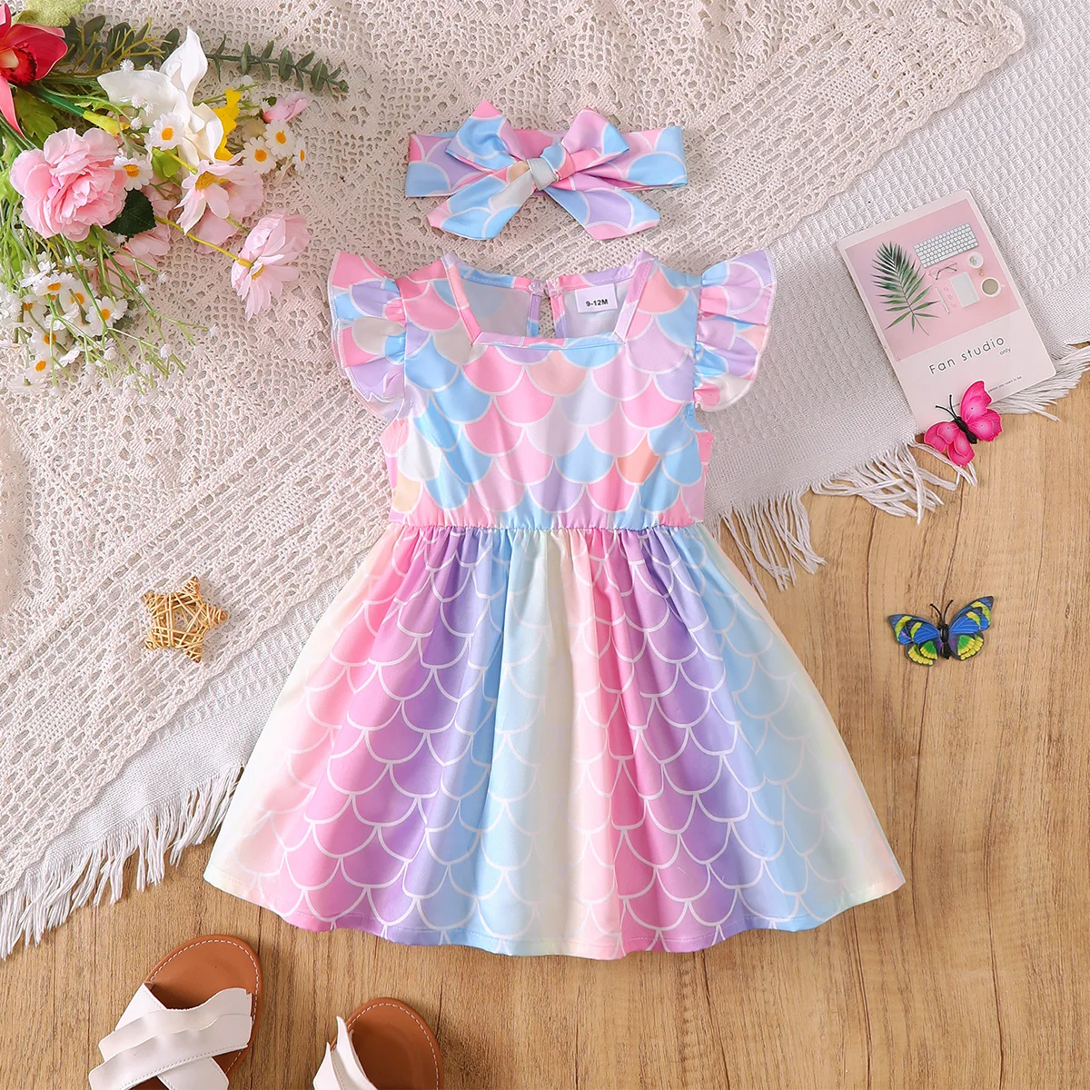 2Pcs Baby Girl Dress Round Neck Mermaid Print Color Dress+Headband Set Suitable for Cute Baby Girls 0-3 Years Summer Dress