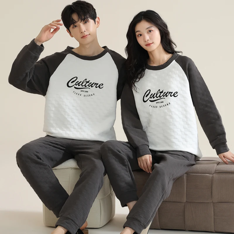 High quality winter air clip cotton pajama set couple casual pyjamas thick warm home clothing