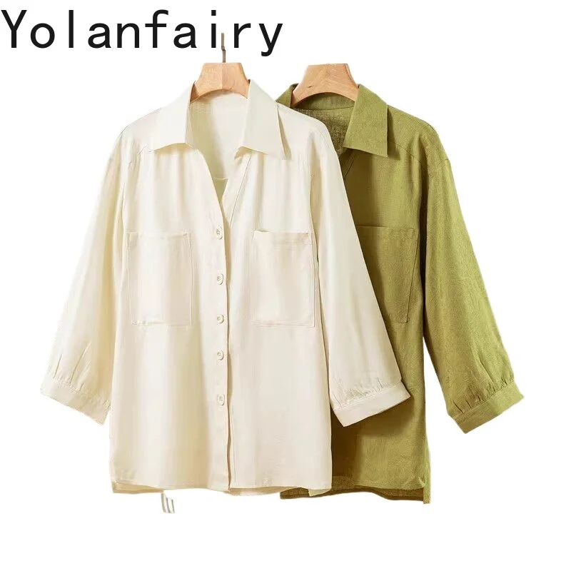 

YOLANFAIRY 100% Real Mulberry Silk Shirts Woman Clothing 2026 Spring Summer Fashion Blouses Elegant Three Quarter Sleeve Shirt