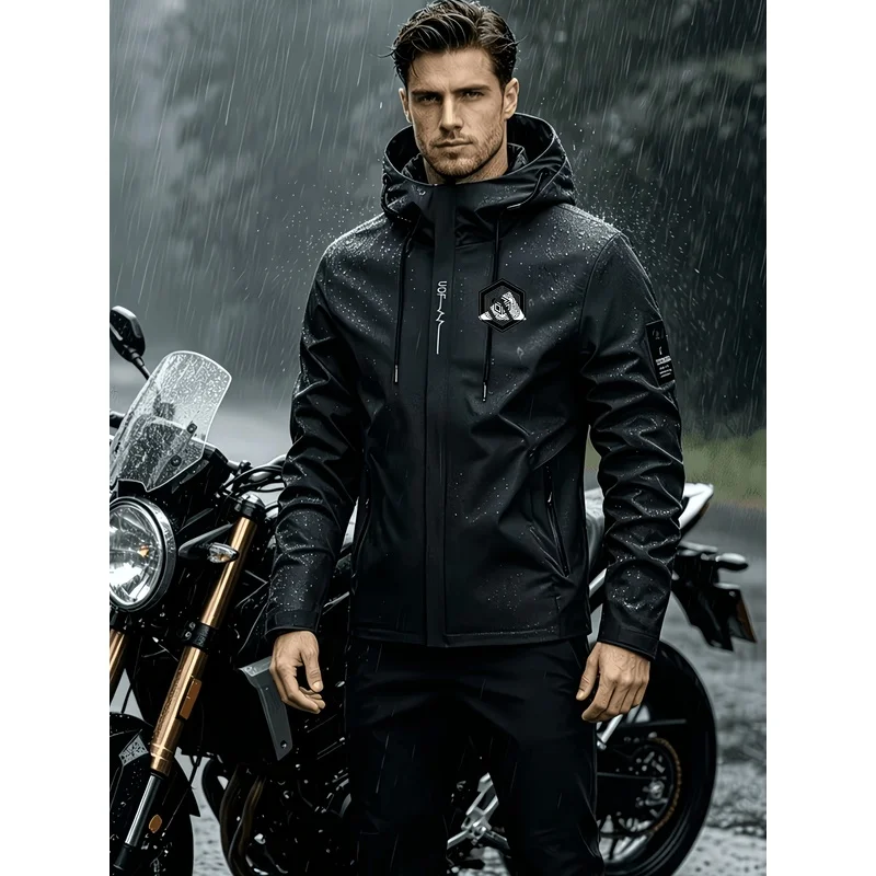 Men's Motorcycle Riding Jacket - Heavy Rainproof Windproof Hooded Functional Jacket for Spring and Autumn Outdoor Use