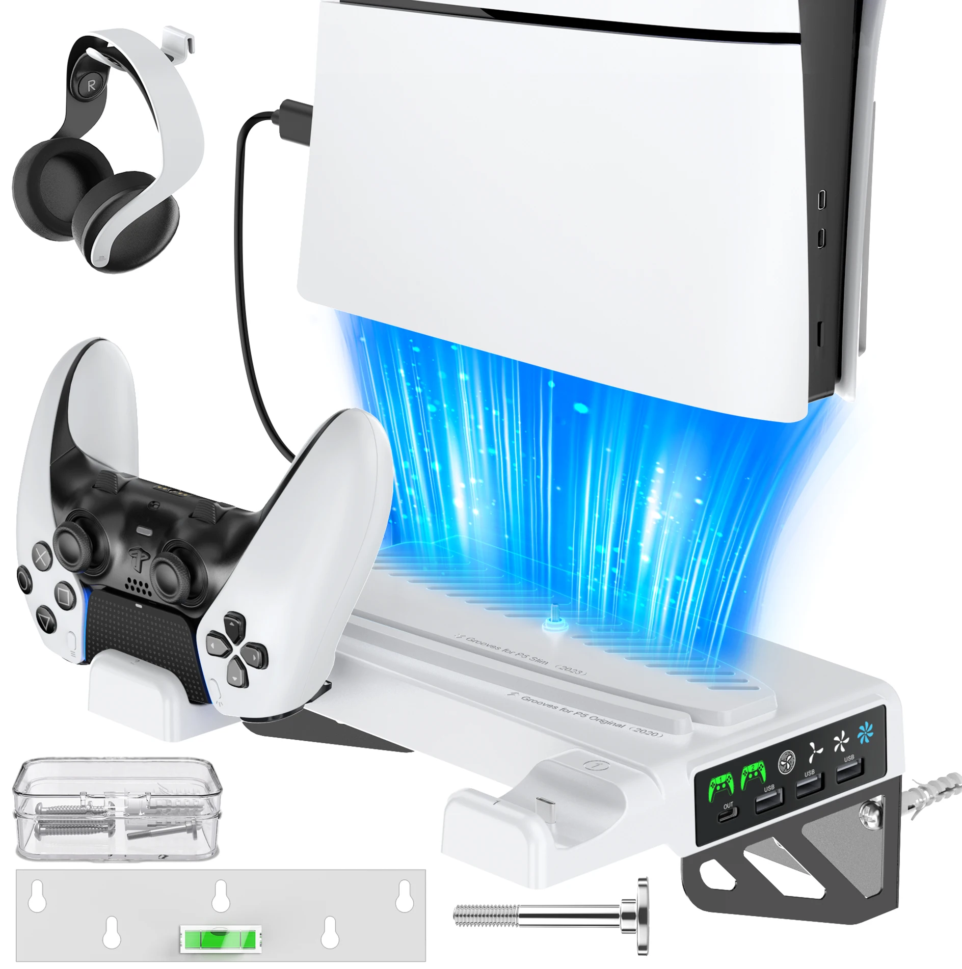 For PS5/PS5 Slim/PS5 Pro Wall Mount Kit with Charging Station & Cooling Fans Mount Behind TV with Headset Hanger PS5 Wall Stand