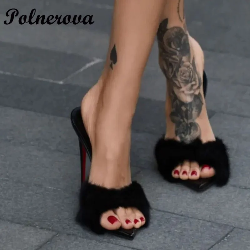 

Black/red /pink Soft Fur Mules Slippers Women Shoes Sexy Pointy Toe Slip On Stiletto High Heels Sandalias De Mujer Verano