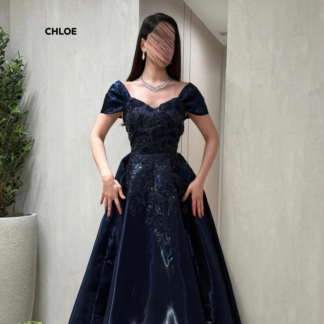 

Short Sleeves Evening Dresses Woman Elegant Party Dresses for Special Occasions Customized Satin Line A 3D Flowers Ball Gowns