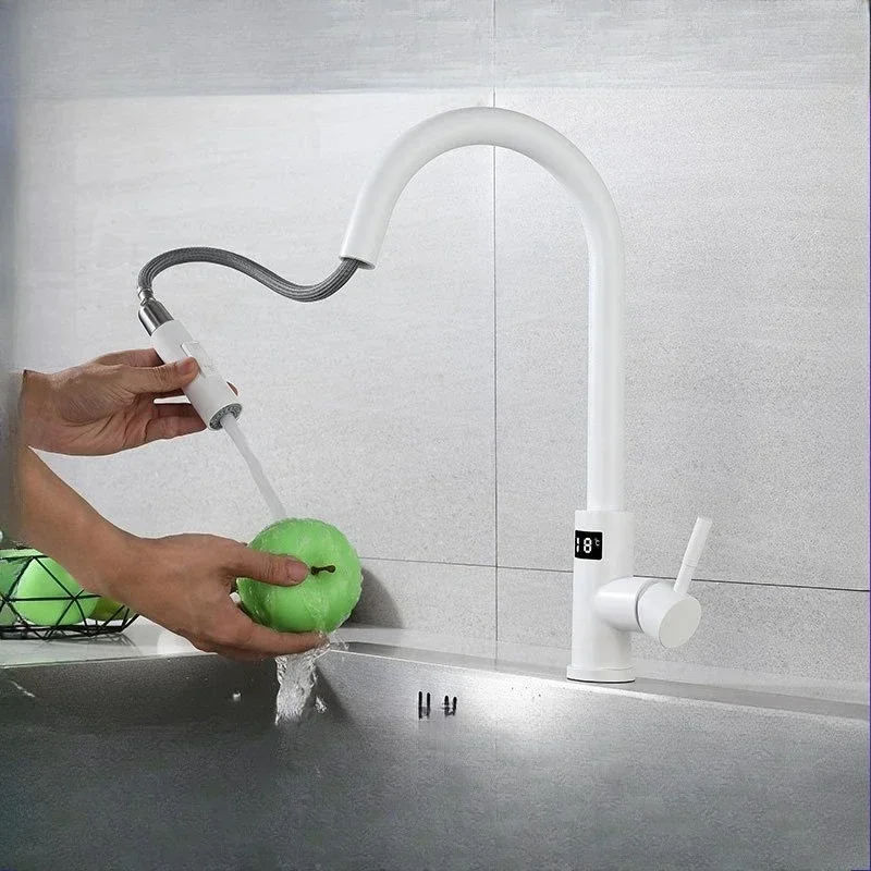 

Кухонный смеситель из нержавеющей стали 304 с выдвижным изливом, белый, с цифровым дисплеем, для горячей и холодной воды