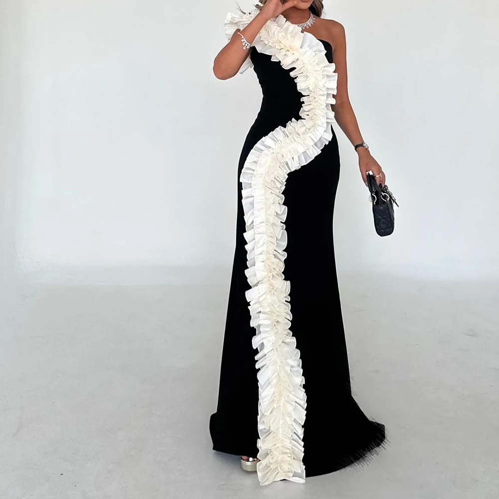 

Customized Graceful Jersey Straight One Shoulder Ruffles Evening Dress Delicate Floor Length vestidos para mujer Custom Size