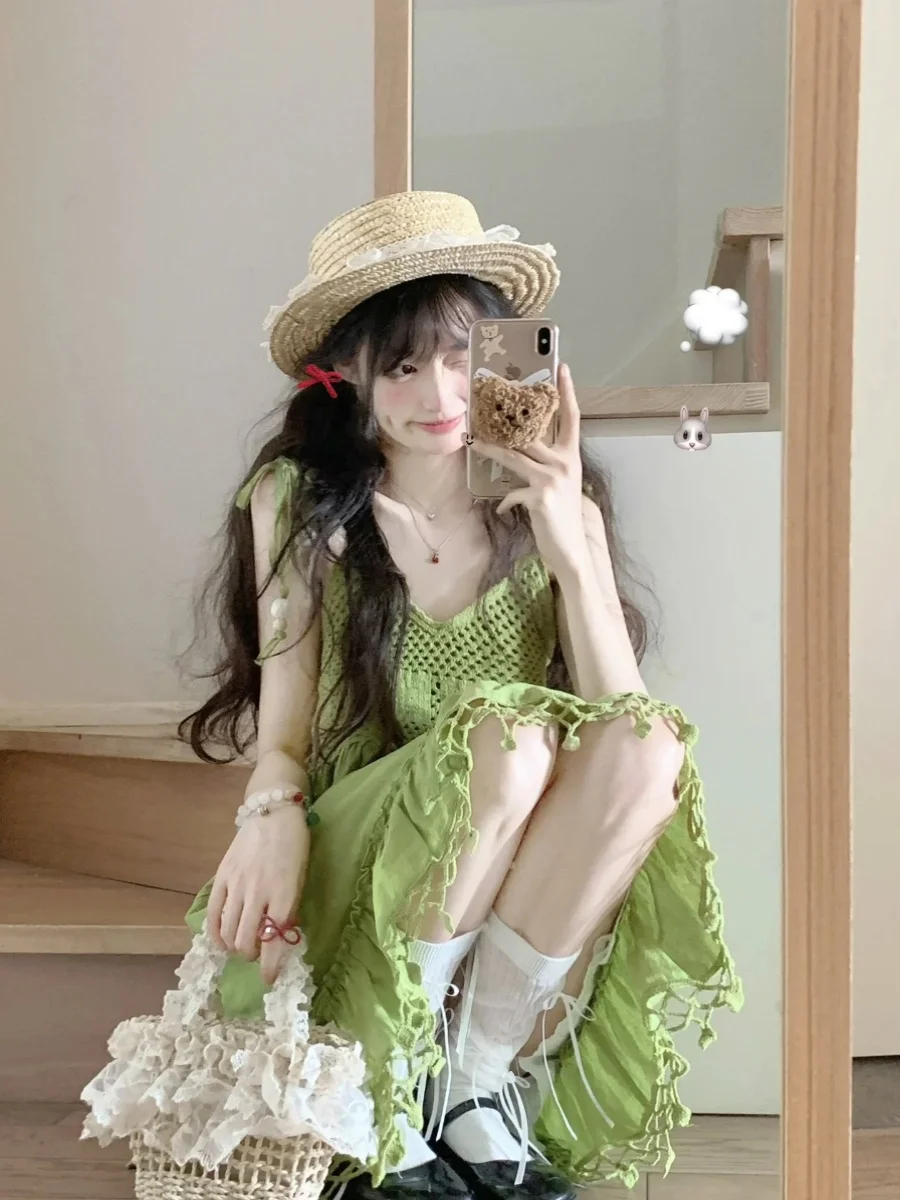 Green Strapless Summer Dress Women's 2026 New High Waist A-Line Skirt UV Protection Beach Vacation Short Dress Elegant Feeling