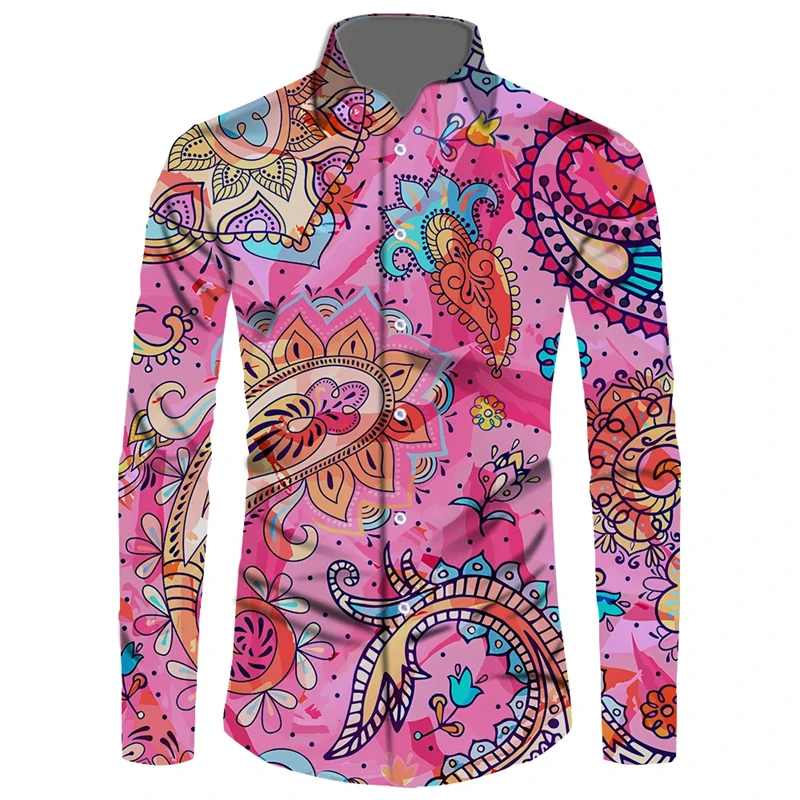 Camisa de Cachemira con estampado 3D de flor de anacardo para hombre y mujer, Tops de manga larga con botones, cuello vuelto, ropa de calle Vintage