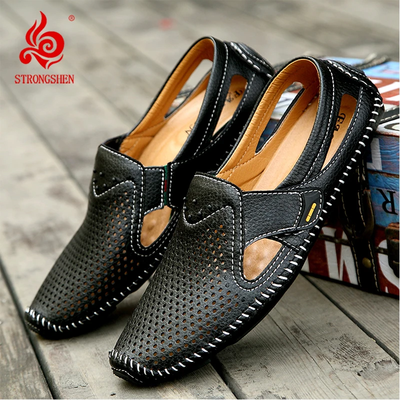 Summer Men Casual Leather Shoes Soft Bottom Hollow Out Loafers Italian Outdoor Driving Shoes Designer Breathable Boat Flats