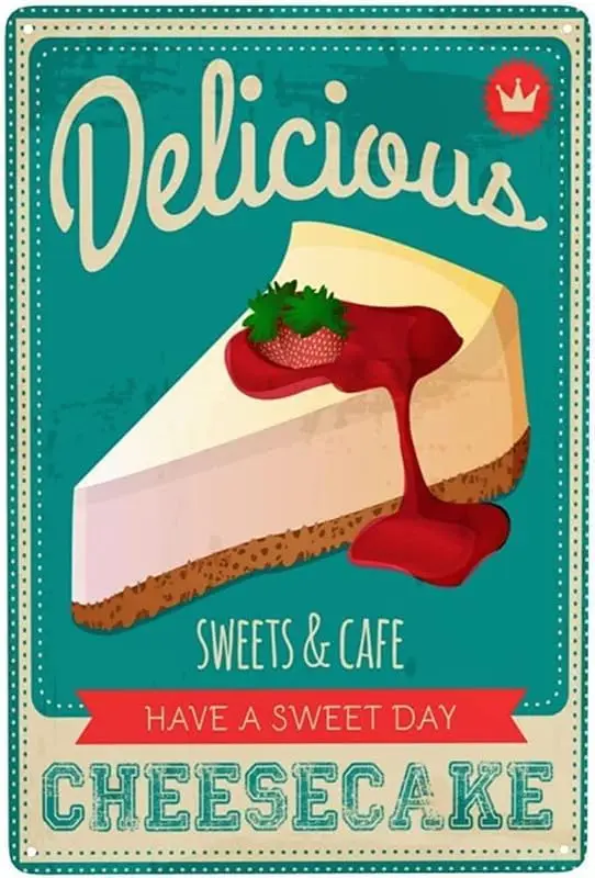 Delicioso tarta de queso, letrero de estaño de Metal, decoración, póster Popular para el hogar, Bar, cena, Pub