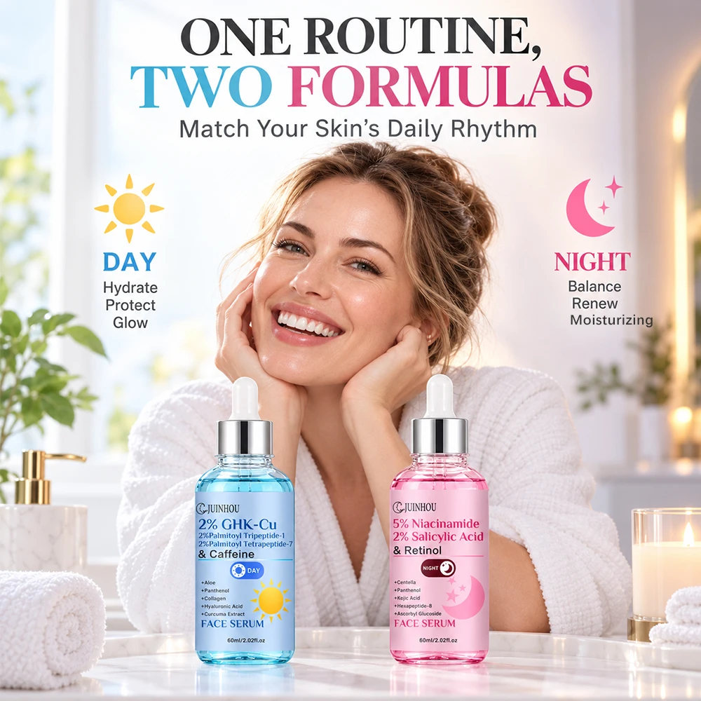 JUINHOU 2Pcs Day Night Face Serum Set Blue Copper Peptide Caffeine Niacinamide Retinol Moisturizing Improve Fine Lines All Skins