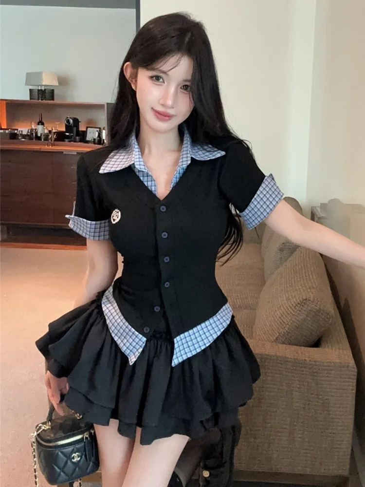 

Slimming Puff Sleeve Neck Long Sleeve T-Shirt And Short Skirt Set Women's Fashion Fake Two-Piece Shirt Set Korean Style