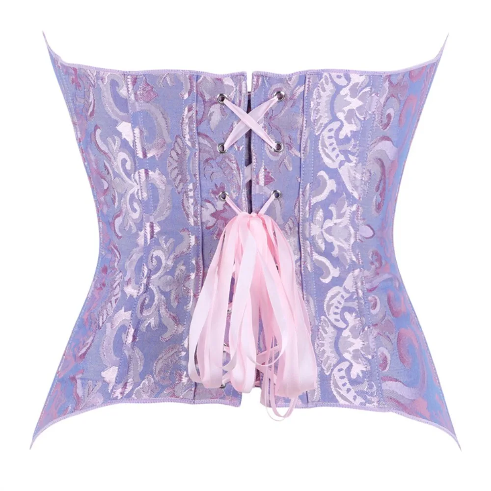 Women Plus Size Sexy Corset Bustier Top Jacquard Vintage Flower Print Lingerie Corselet Lace Up Korsett Pink Blue Overbust - view 3