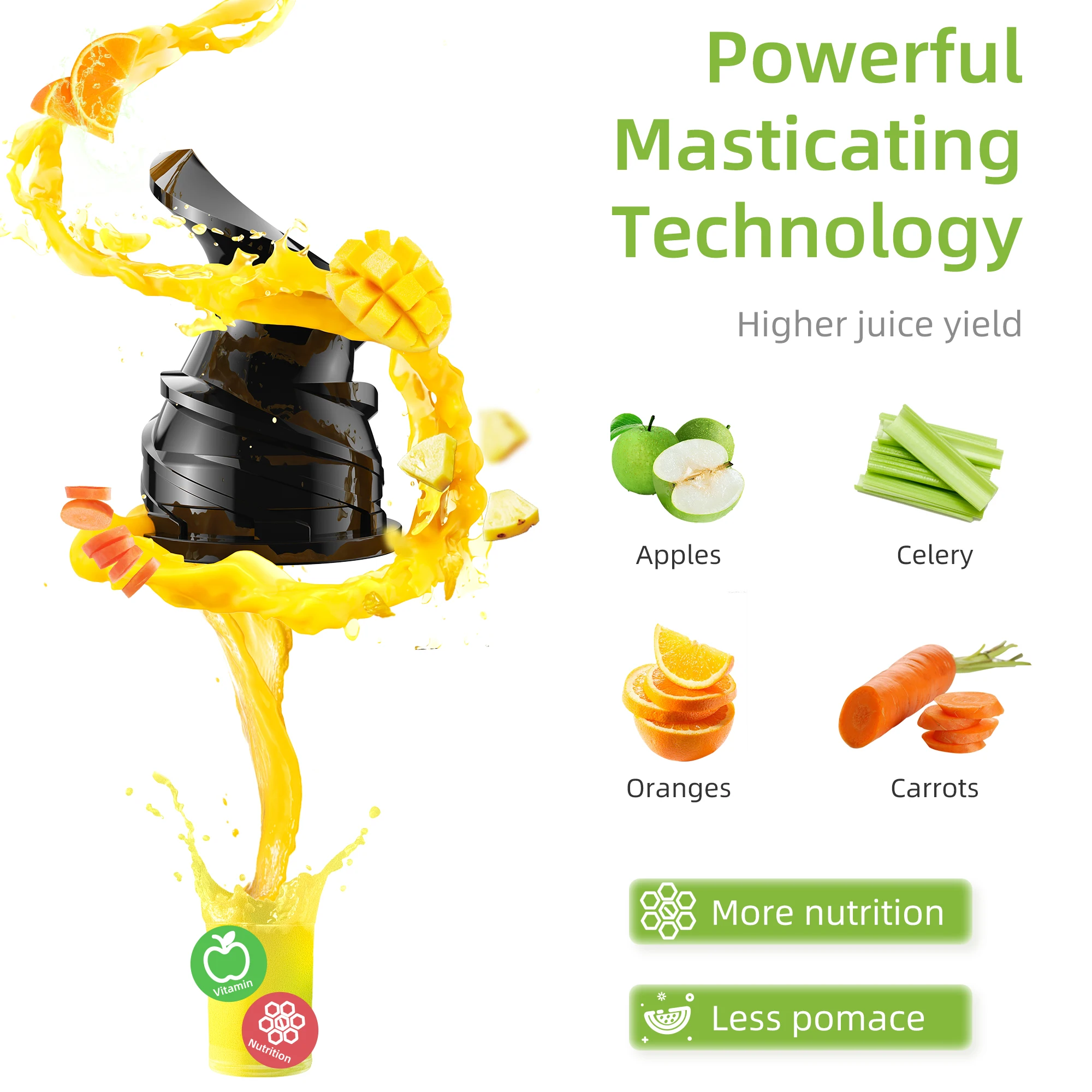 Cold Press Juicer with 78mm Feed Chute, 200W 40-65RPM Powerful Motor Slow Masticating Juice Extractor Fits Whole Fruits