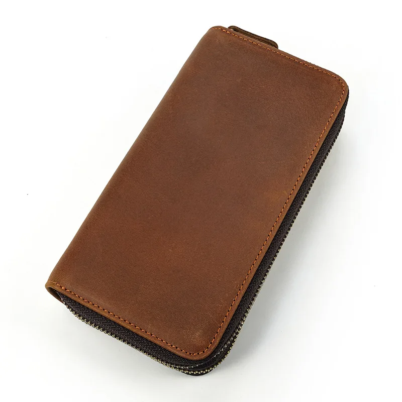 Men's real leather Long wallet Crazy Horse leather double zipper cowhinleather hand holding extra large change storage wallet