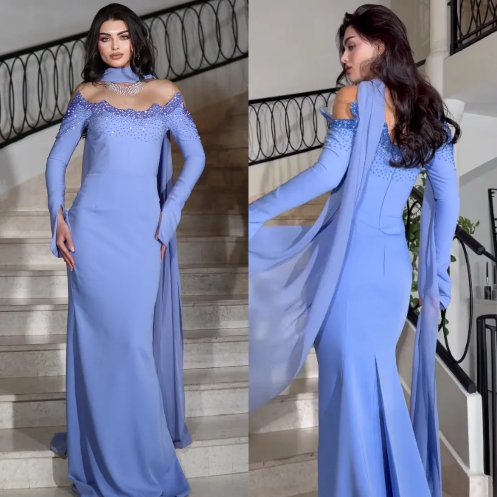 Customized High Quality Fashion Jersey Rhinestone Beading Mermaid Boat Neck Long Dresses Bespoke Occasion Dresses Elegant Formal