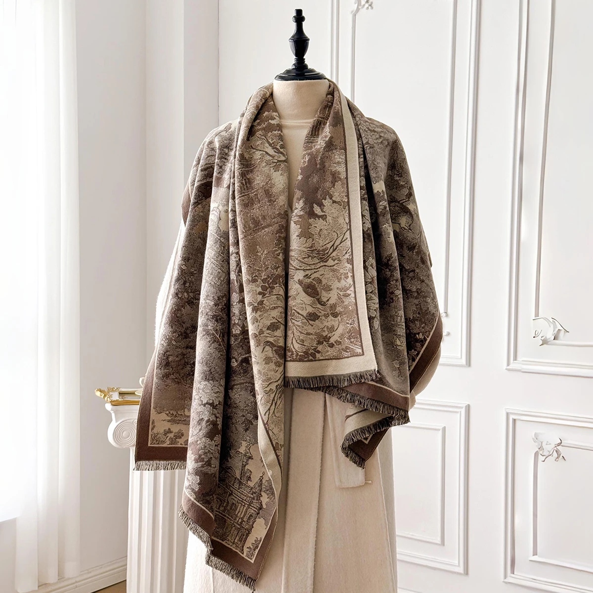 Eleganter Damen-Kaschmirschal im Retro-Stil mit doppelseitigem Landschaftsdruck, Winter-warmer Pashmina-Schal, Foulard-Poncho – Detail 5
