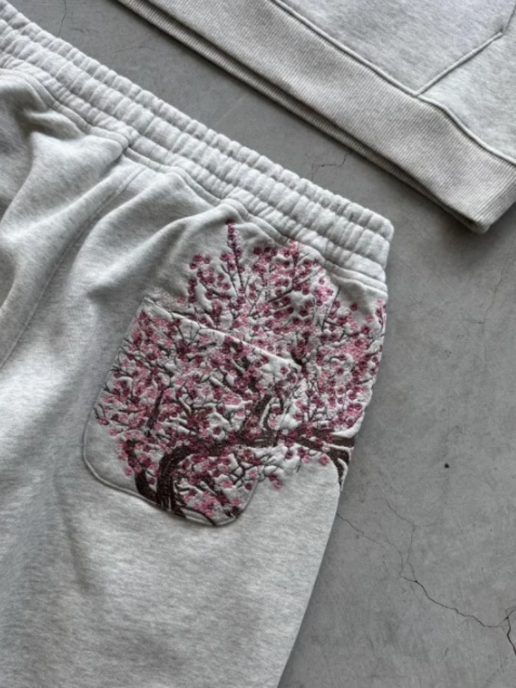 ديبتاون رمادي عتيق زهر البرقوق التطريز المرأة رجل هوديس Harajuku أسود الركض بنطال ذو قصة أرجل واسعة المتضخم الهيب هوب الشارع