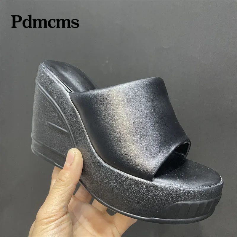 

2025 Multicolor Mink Hair Slope Heel Thick Sole Slip on Round Toe One Step Wedge Platform Concise Style Slipper Heeled Sandals