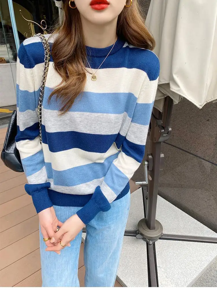 Autumn Winter Women Sweaters Long Sleeve Knitted O Neck Striped Pullover Sweater Femme Basic Solid Jersey Tops Fashion Clothes