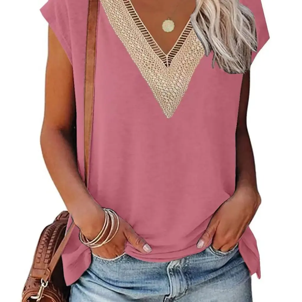 

Women's Golden Lace V-Neck Short Sleeve T-Shirt Solid Color Top Spring Summer New Style European Trade