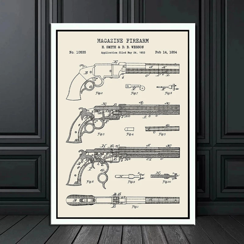 1854 Smith Wesson Magazine Firearm Patent Artwork Posters Vintage Gun Canvas Painting Print Wall Art Picture For Room Home Decor