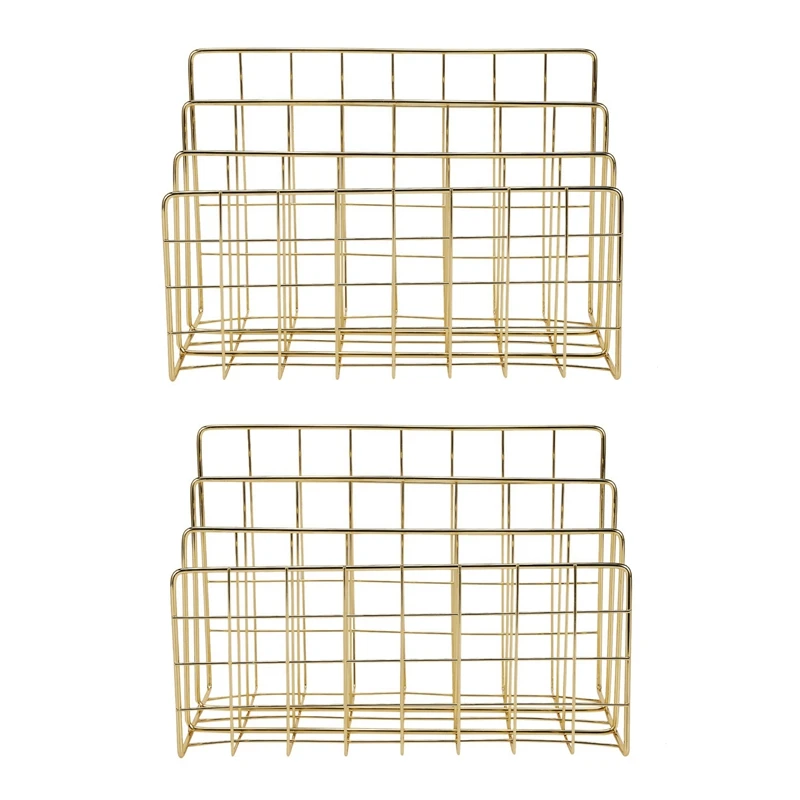 

2X Nordic Style Iron Art Grid Storage Rack Book Holder Three Layer Desktop Magazine Shelf (Gold)