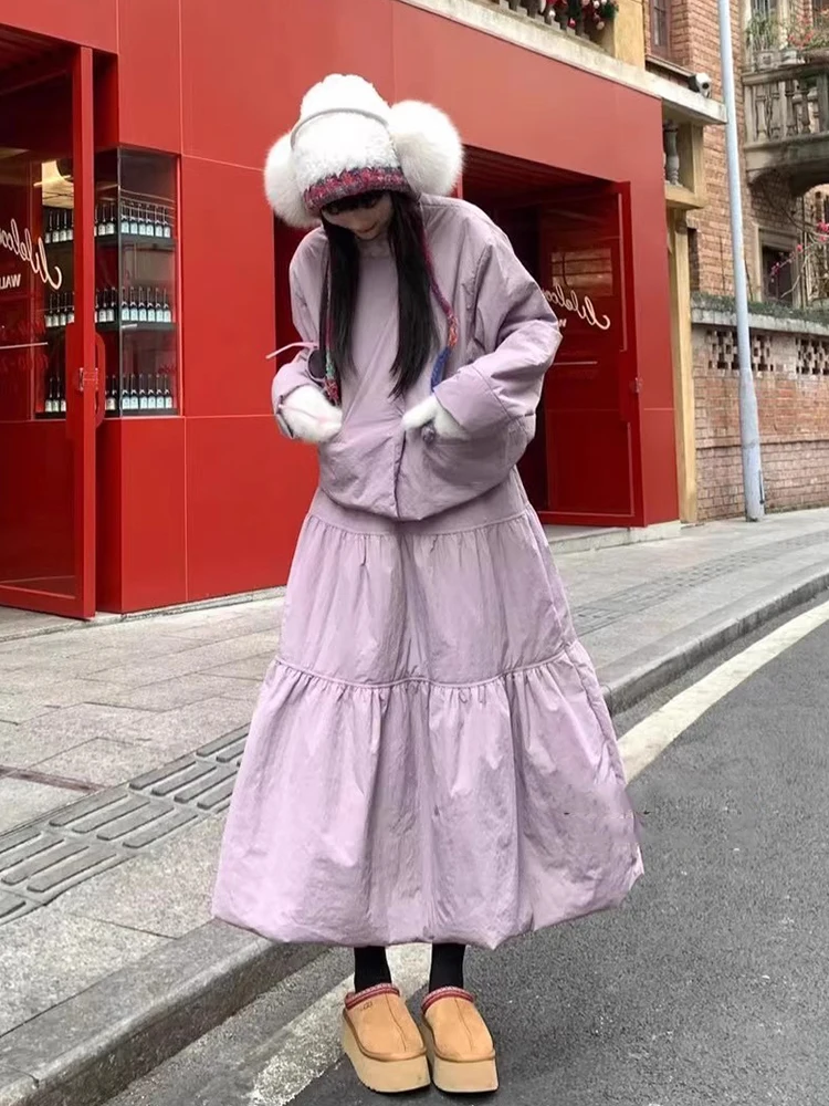 Nomikuma Korean Chic Winter French Gentle Style Long Sleeved Parka Jacket + High Waisted Cake Half Skirt Set