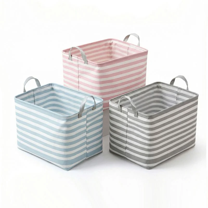 Striped Canvas Storage Bin With Handles Foldable Desktop Cosmetic Sundries Organizer Basket For Home Closet 2 Pcs Random Color