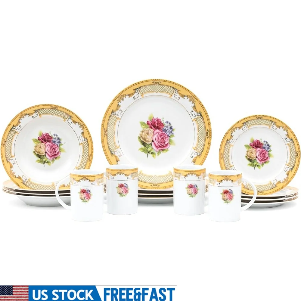 

Элегантный фарфоровый набор столовой посуды, состоящий из 16 предметов, винтажный цветочный дизайн, кухонные обеденные тарелки, миски для супа, классическая посуда