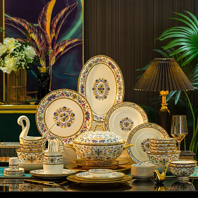 

Enamel color high-end tableware light luxury dishes set ceramic bowls and plates household bone china court