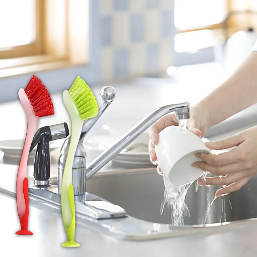 Kitchen Cleaning Brush Suction Cup Stand Dish Wand Bowl Pot Scrubber Vertical Washing Brush Long Handle Sink Household Gadgets