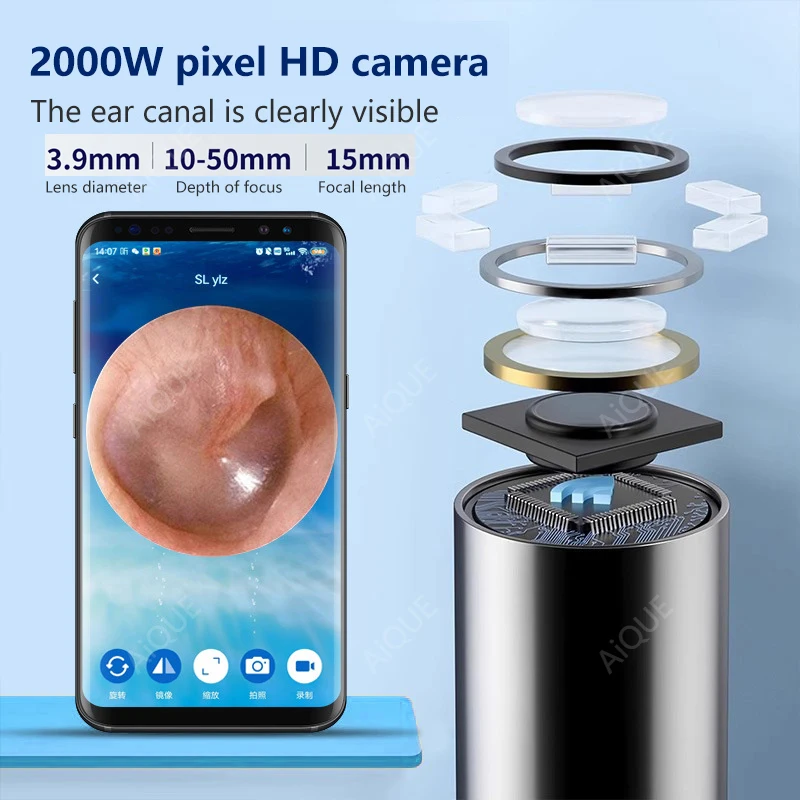 AiQUE Visual Ear Cleaner with 2000W Pixel Camera 6 LED Light Ear Wax Removal Tool ​Take Video HD Earpick for IOS Android Gifts