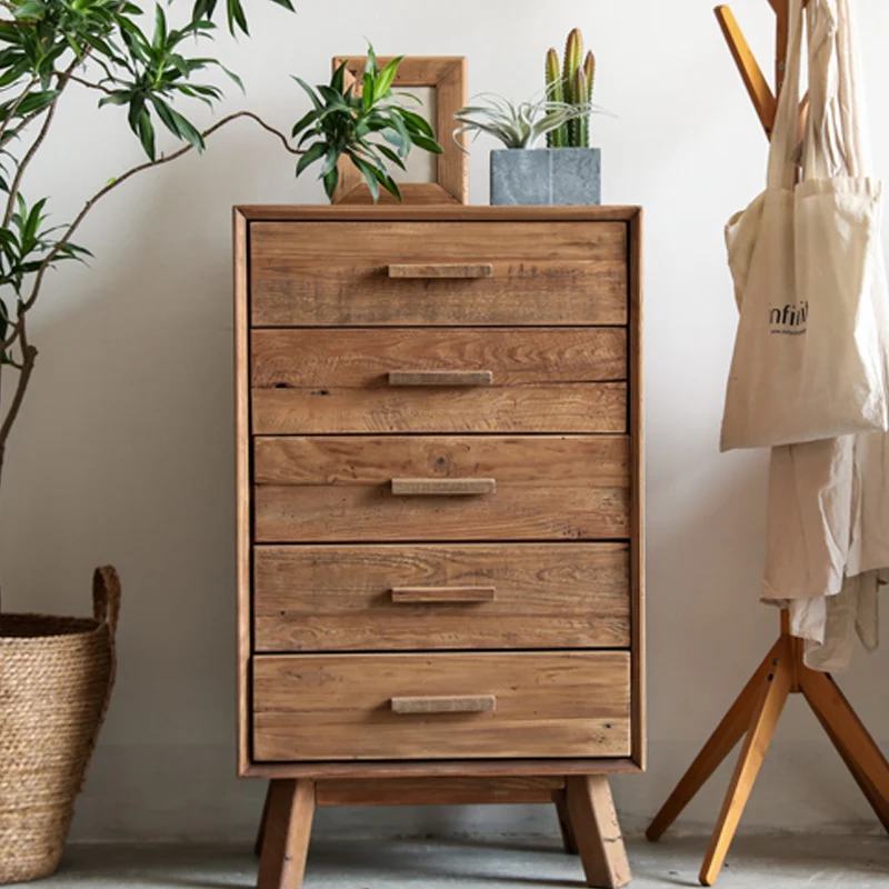 Log literary chest of drawers, old pine wabi-sabi living room, cabinet, retro old, solid wood storage cabinet against the wall