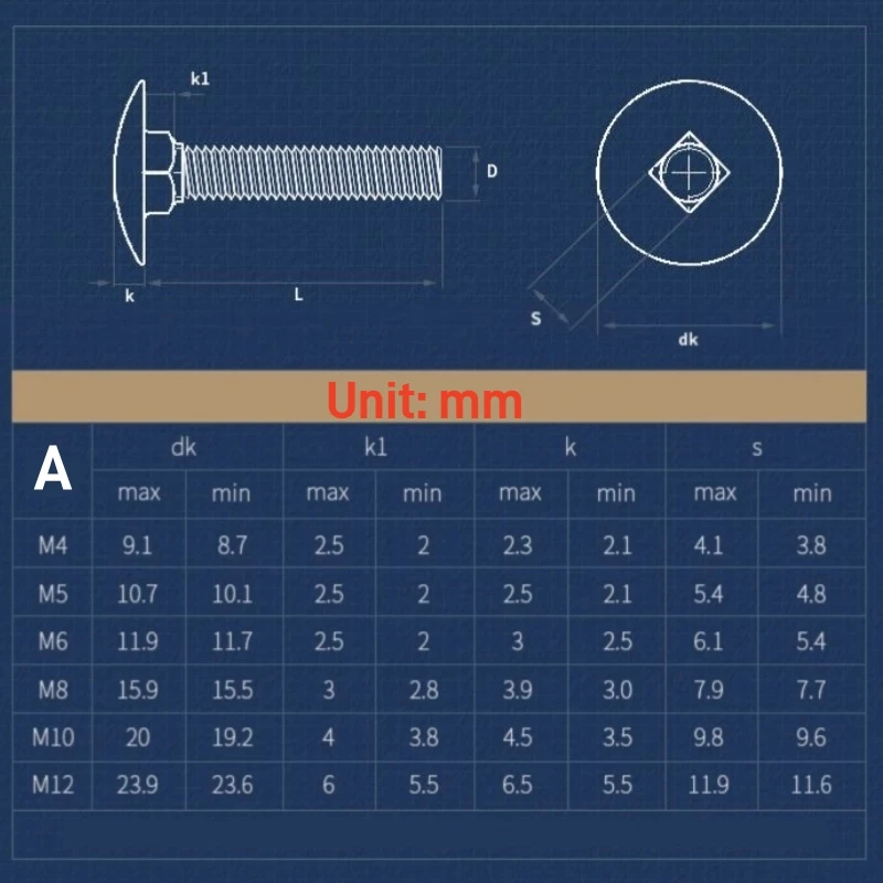 1/2/3/5/10/20pcs M4 M5 M6 M8 M10 M12 304 A2 Stainless Steel Carriage Flat Head Bolt， Semi-Circular Square Neck Square Screw