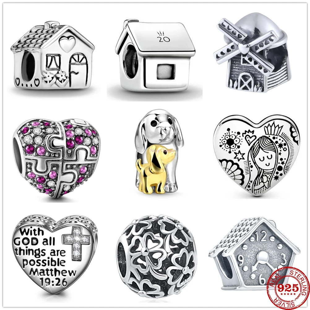 Fit Original Pandora Charms Bracelet 925 Sterling silver Sweet House Puzzle Heart Windmill Pendant Charm Beads DIY Women Jewelry