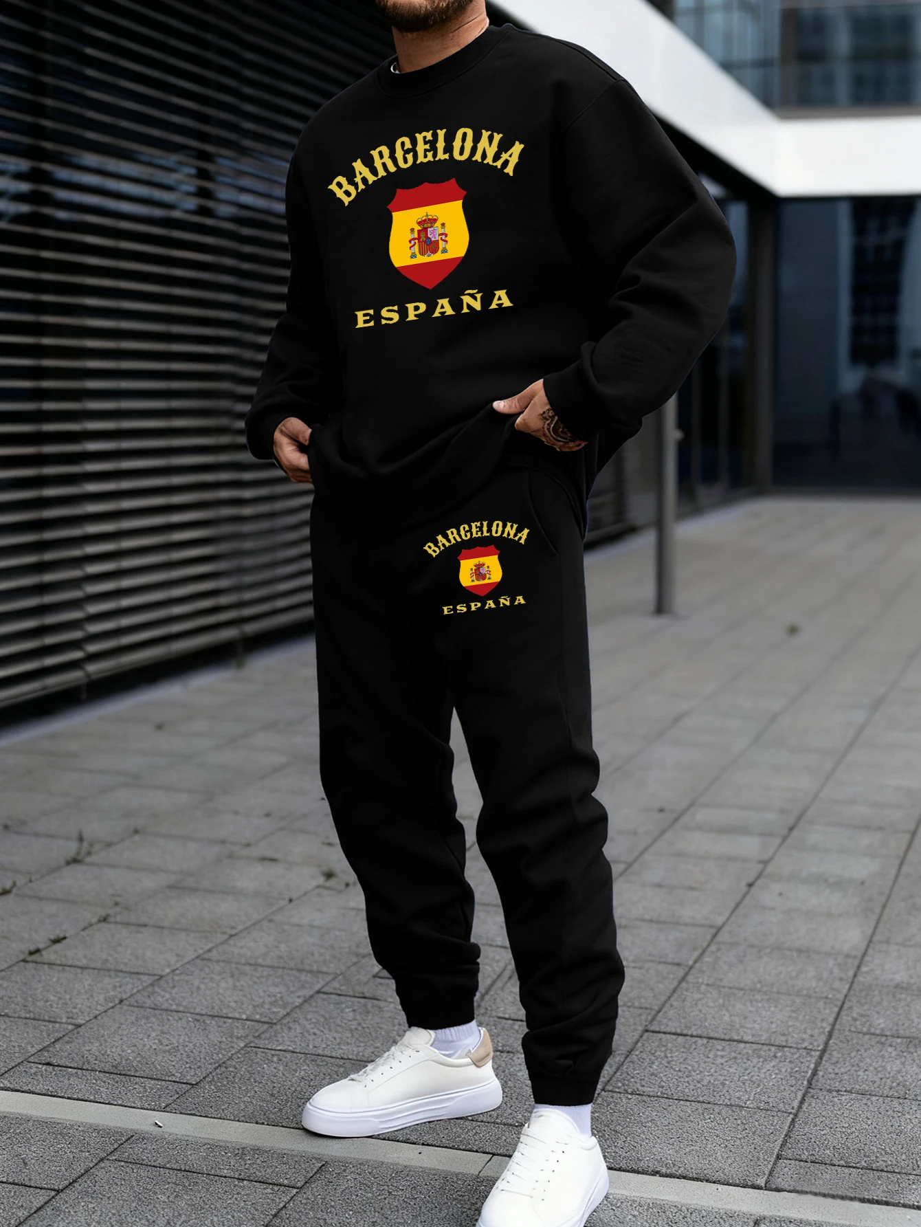 Barcelona España Badge Printing Street Pullovers Men Autumn Loose Sweatshirt Set Casual Fleece Clothes All-Match Sports Pants